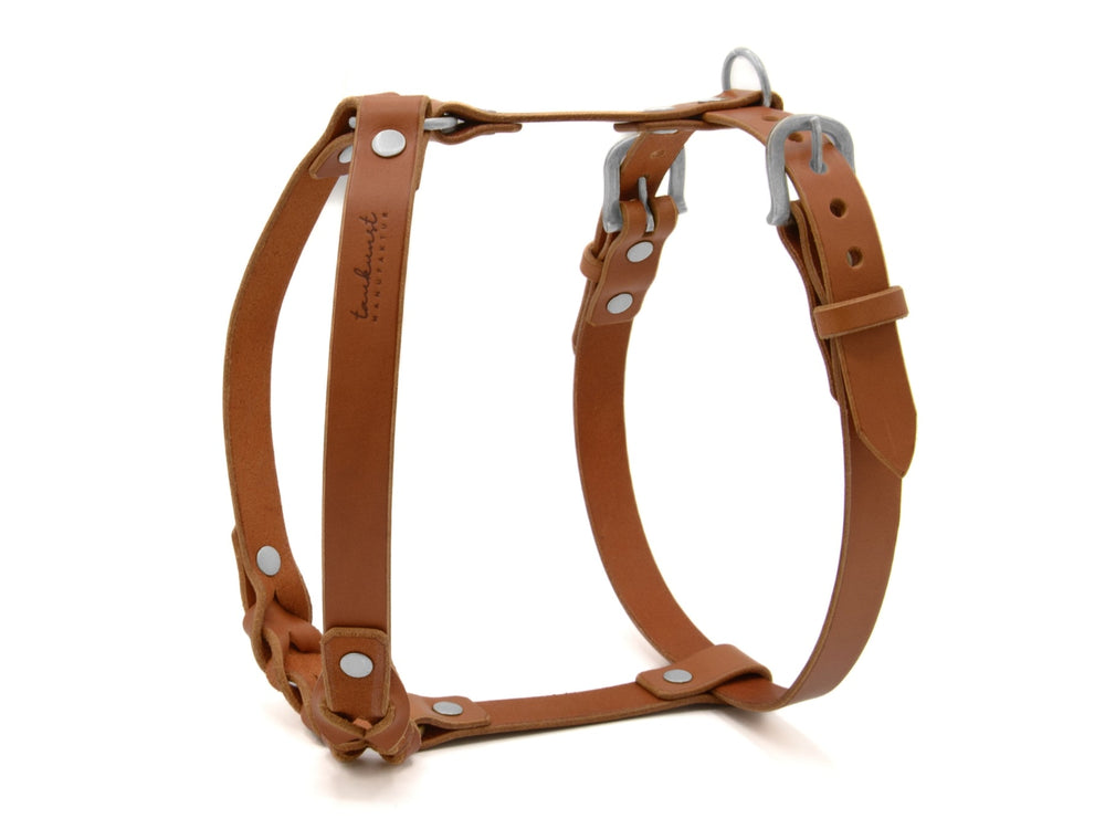 Hochwertiges, braunes Ledergeschirr WALDSTREUNER für Hunde mit robusten metallenen Beschlägen und verstärkten Gurten.