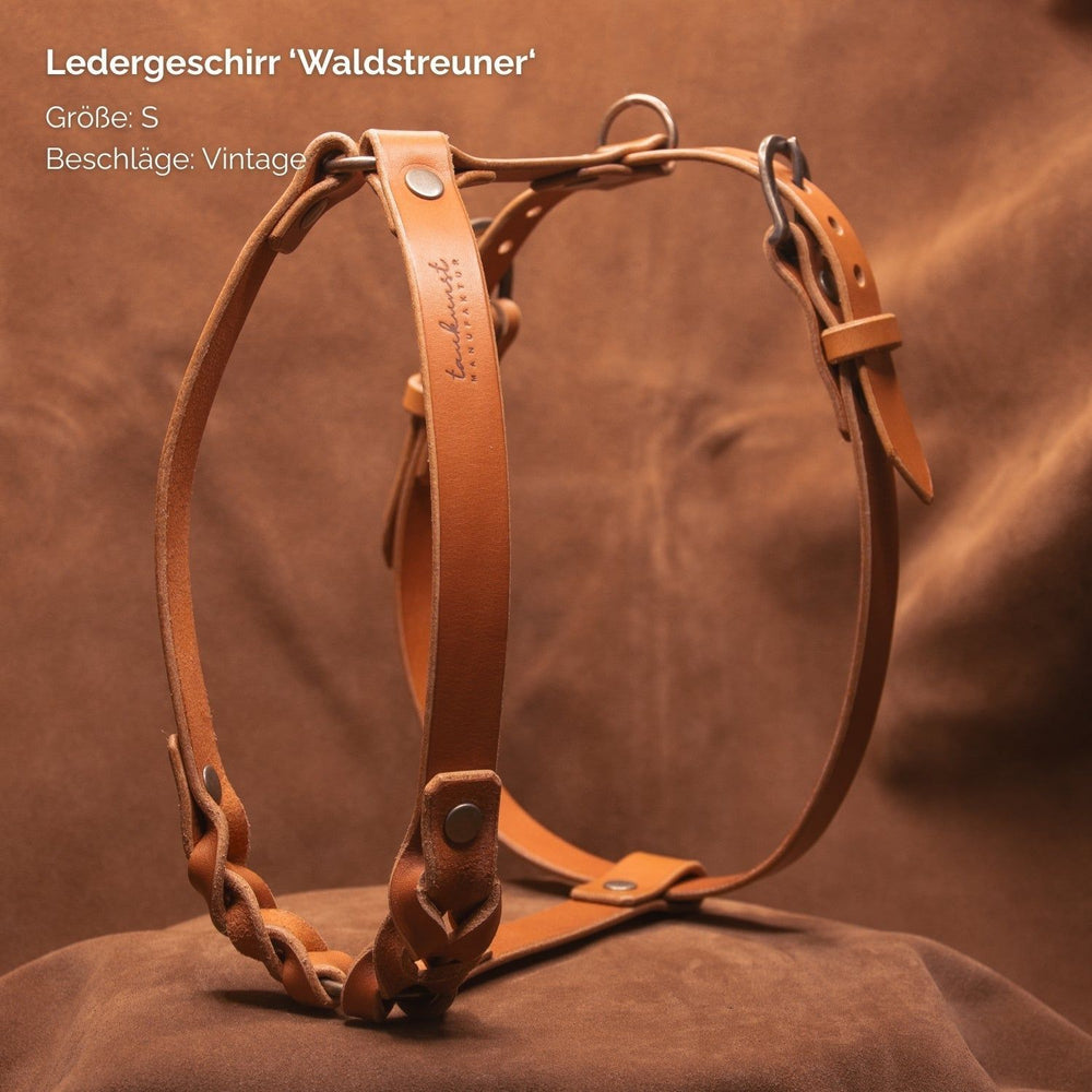 Ledergeschirr WALDSTREUNER in Größe S aus braunem Leder mit geflochtener Verzierung im Vintage-Look.