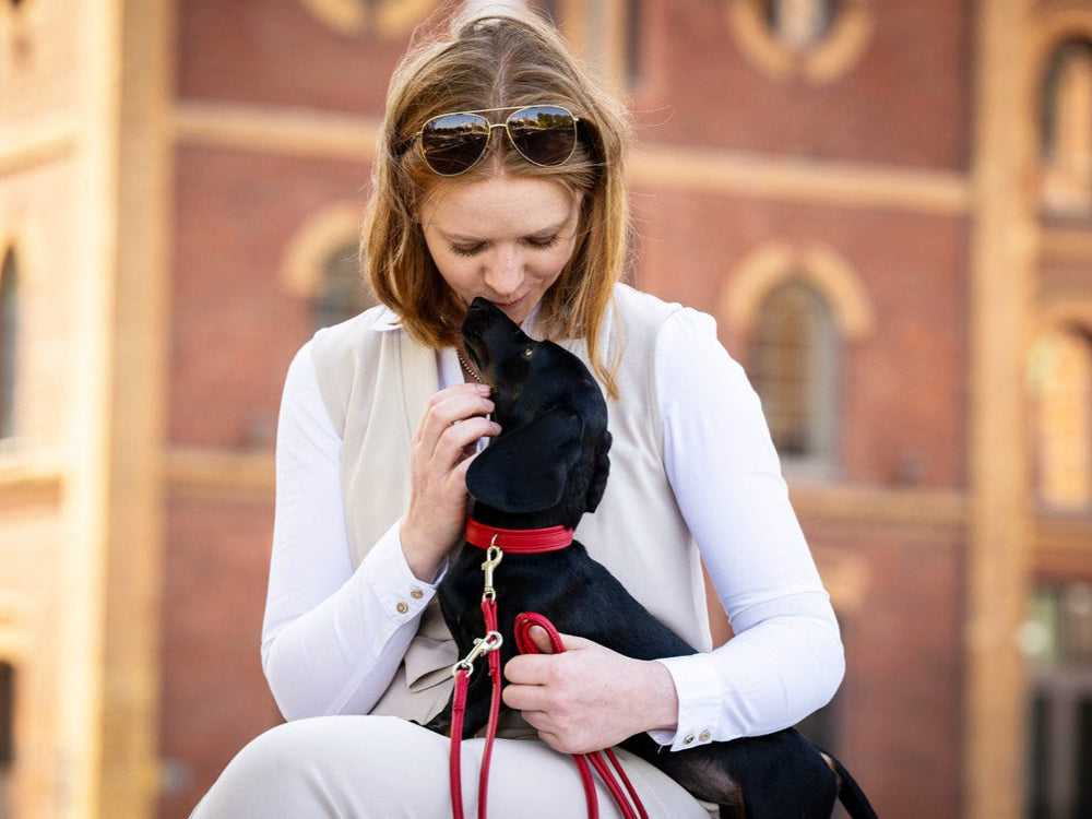 Frau in heller Bluse und Weste spielt liebevoll mit kleinem schwarzen Hund im Freien.