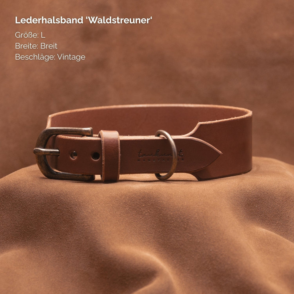 Braunes Lederhalsband "Waldstreuner" in Größe L mit Vintage-Beschlägen auf natürlichem Hintergrund.