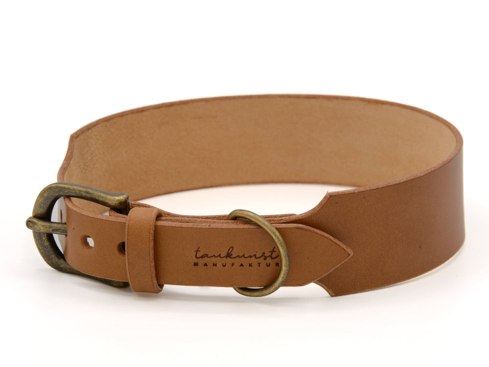 Braunes Lederhalsband WALDSTREUNER mit klassischer Messing-Schnalle und dekorativer Prägung für stilvolle Hundeaccessoires.