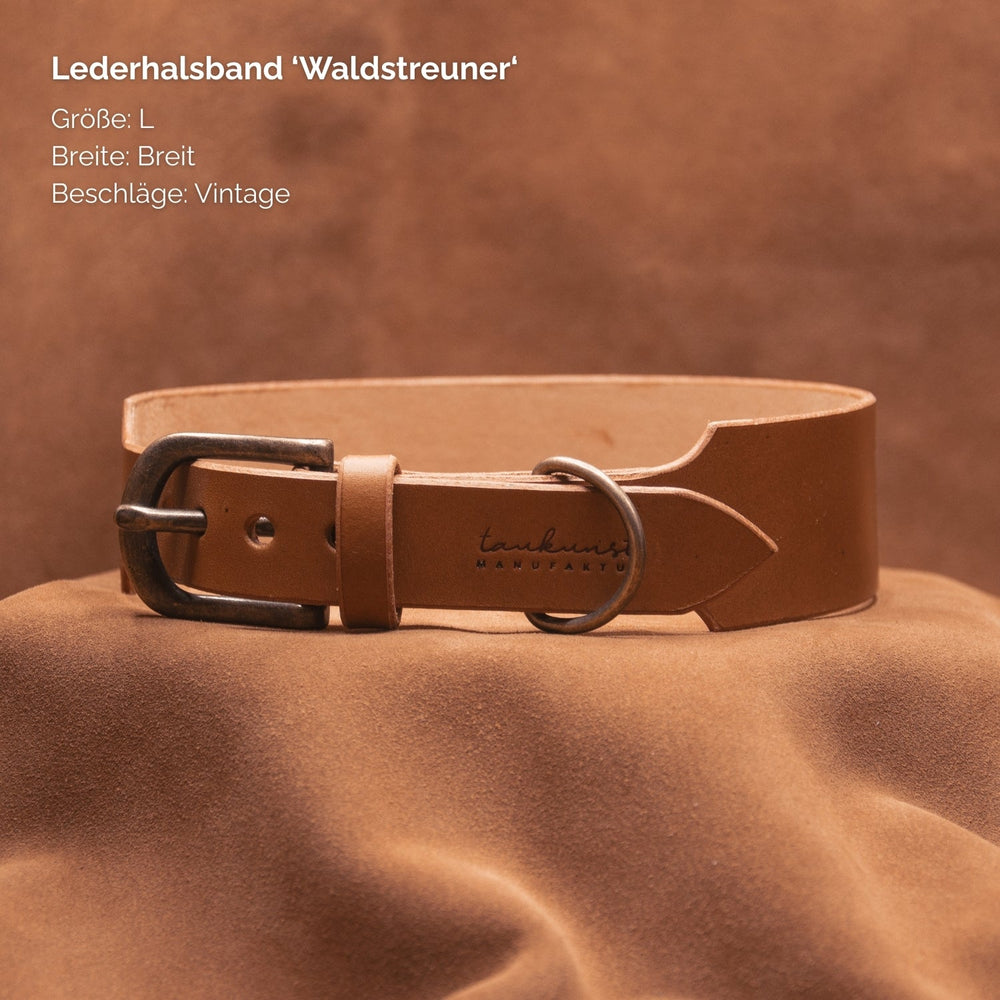 Braunes Lederhalsband "Waldstreuner" von tanukhaus, Größe L, mit vintage Beschlag für Hunde.