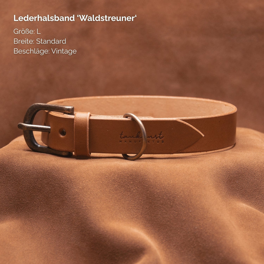 Hellbraunes Lederhalsband „Waldstreuner“ in Größe L mit vintage Beschlägen, ideal für stilvolle Haustiere.