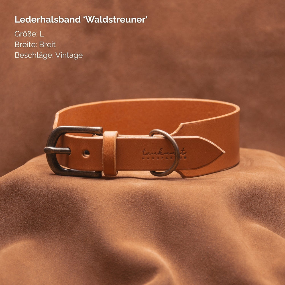 Lederhalsband "Waldstreuner" in Braun, Größe L, mit breitem Design und Vintage-Schnalle für stilvolle Hunde.