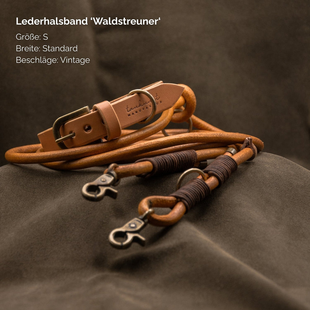 Braunes Lederhalsband "Waldstreuner" in Größe S, mit Vintage-Beschlägen und eleganter, robuster Verarbeitung.