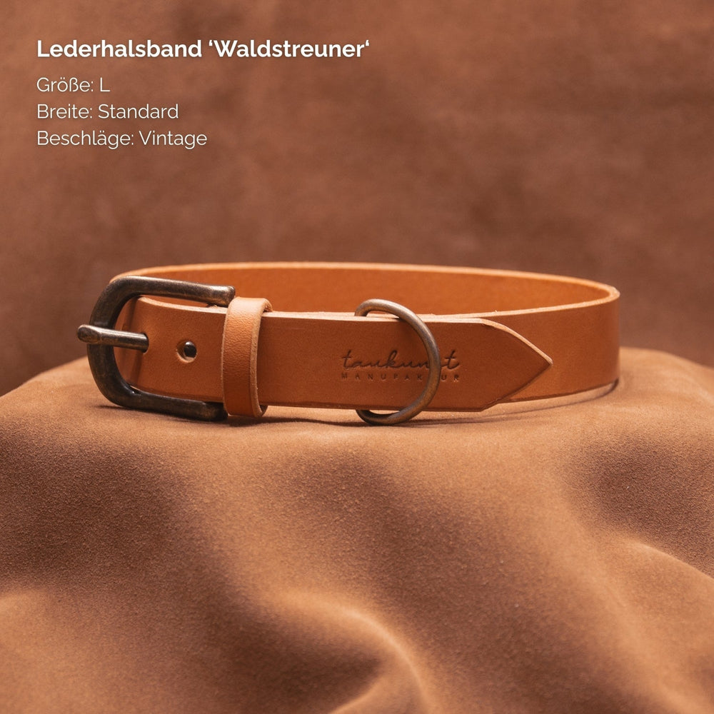 Elegantes ledernes Halsband „Waldstreuner“ in warmem Braun, Größe L, mit Vintage-Charme für Hunde.