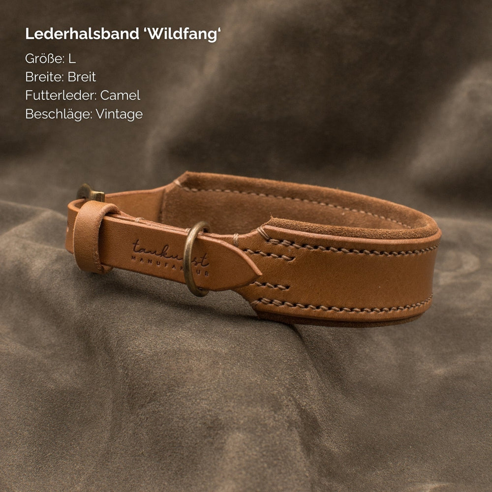Braunes Lederhalsband "Wildfang" in Größe L, breiter Vintage-Stil aus hochwertigem Camel-Leder.