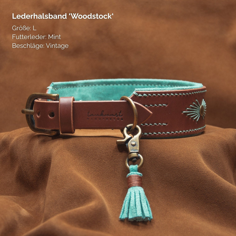 Braunes Lederhalsband "Woodstock" in Größe L mit mintfarbenem Futter und Vintage-Beschlägen für stilvolle Hunde.
