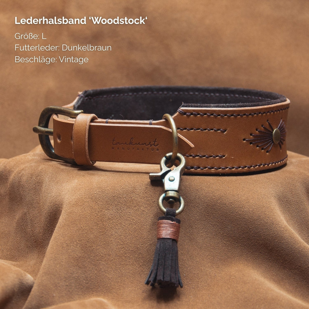 Hochwertiges Lederhalsband „Woodstock“ in Größe L, hellbraun mit dunkelbraunem Futterleder und Vintage-Design.