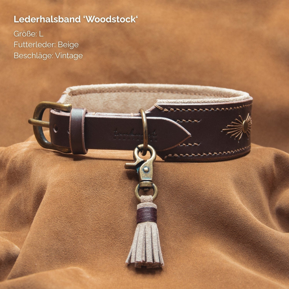 Lederhalsband "Woodstock" Größe L, dunkelbraun außen, hellbeige Fütterung, mit vintage-inspirierter Schnalle.