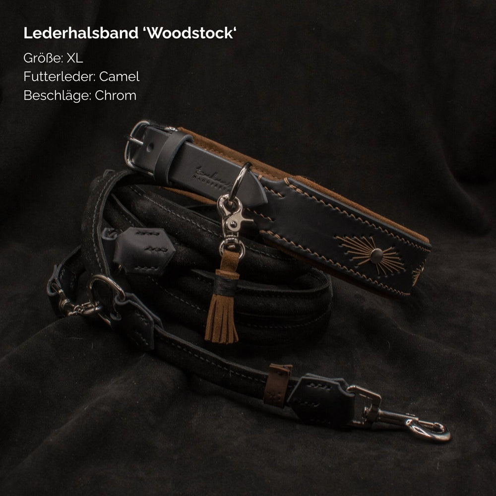 Schwarzes Lederhalsband 'Woodstock' XL mit camelfarbenem Futter und chromfarbenen Beschlägen. Elegantes Design für Hunde.