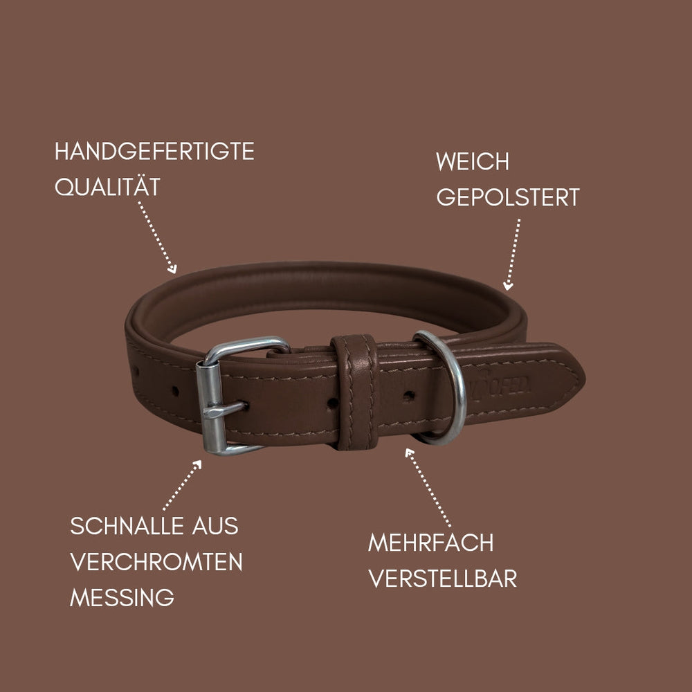 Braunes Lederhalsband für Hunde, weich gepolstert mit verstellbarer Schnalle aus verchromtem Messing, handgefertigte Qualität.