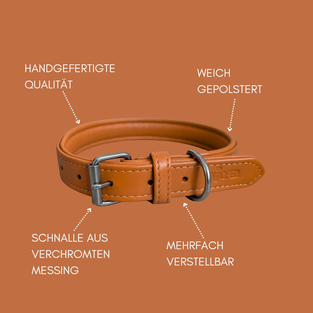 Braunes, handgefertigtes Lederhalsband für Hunde, weich gepolstert mit verchromter Messingschnalle und verstellbaren Optionen.