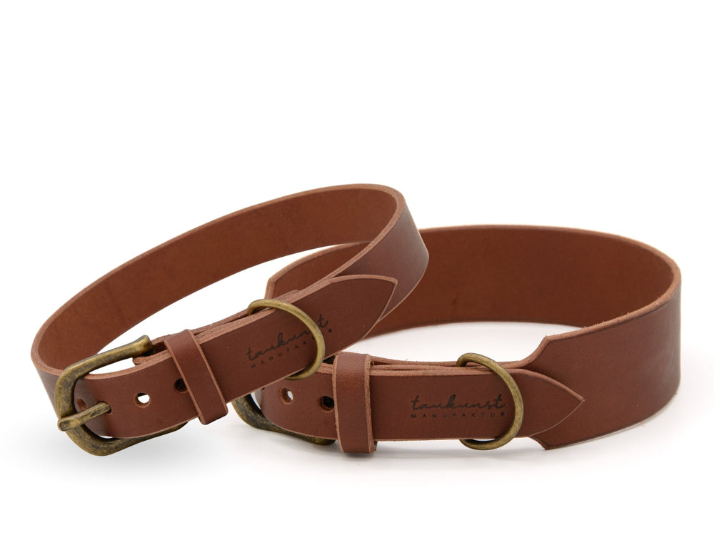 Braunes Lederhalsband WALDSTREUNER mit goldfarbener Schnalle und schlichter, glatter Oberfläche.