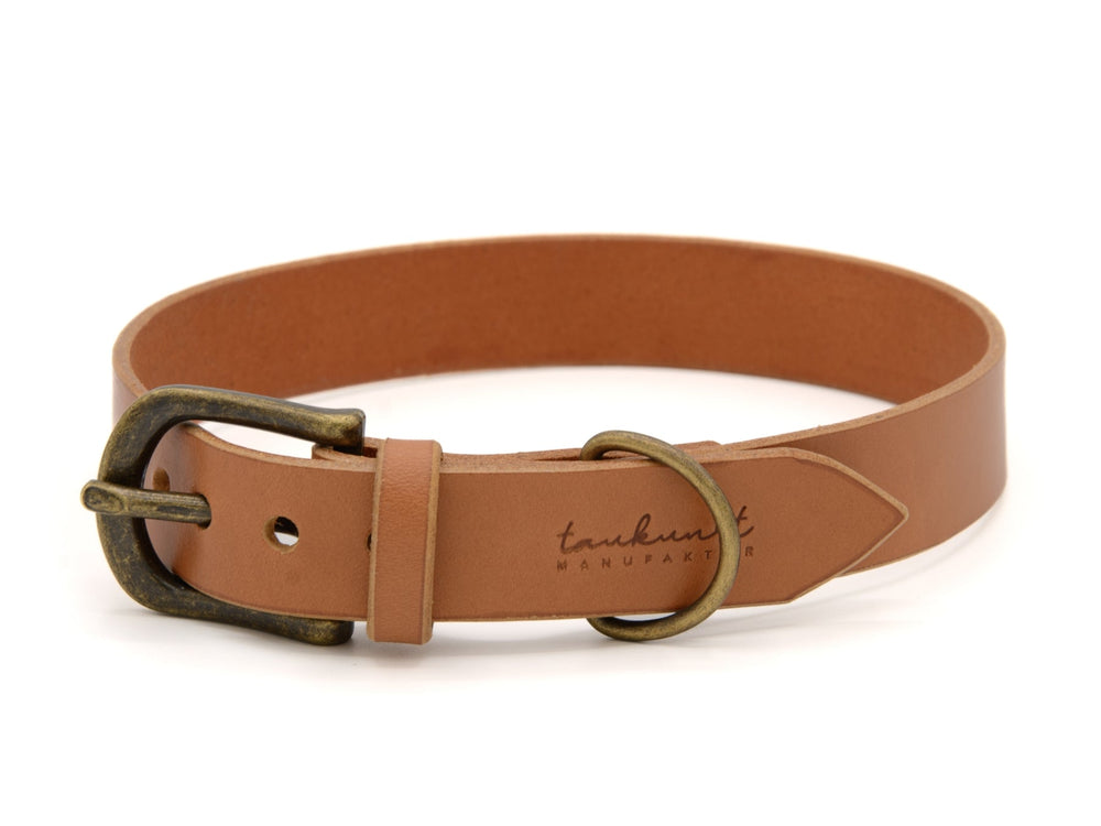 Braunes Lederhalsband WALDSTREUNER mit eleganter Schnalle und eingeprägtem Logo für stilbewusste Hunde.