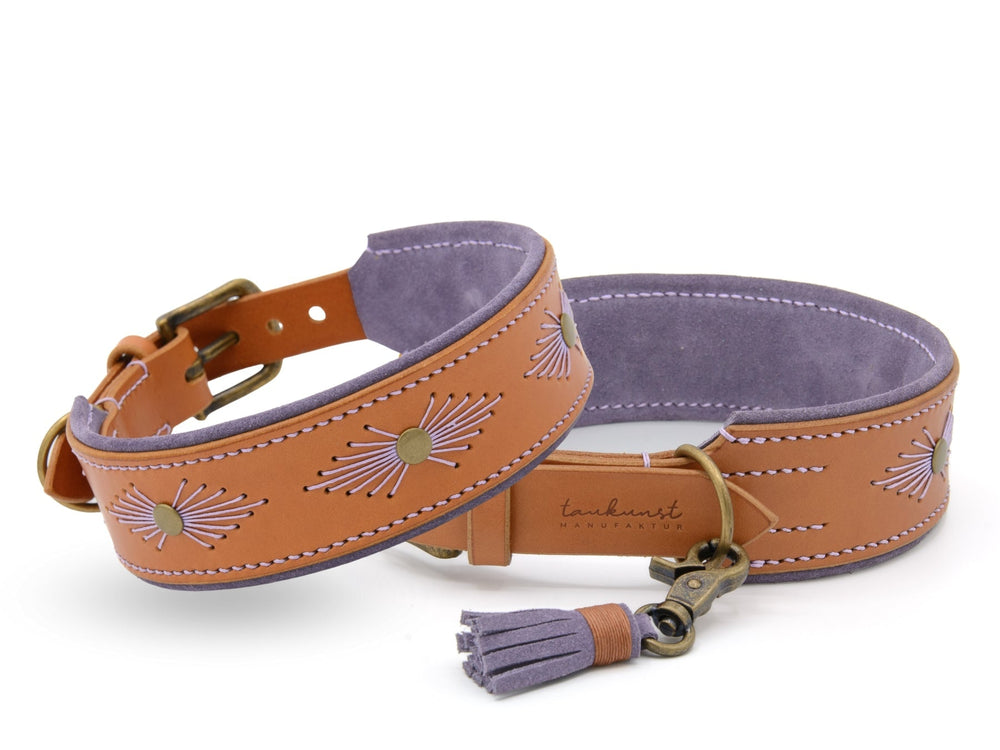 Hochwertiges Lederhalsband WOODSTOCK in Braun und Lila mit Verzierungen aus Stickmustern und Metallnieten für Hunde.