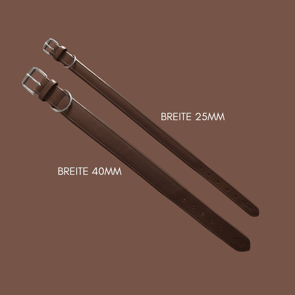 Zwei braune Lederuhrbänder in 25 mm und 40 mm mit silberner Schnalle, ideal für stilvolle Zeitmesser.