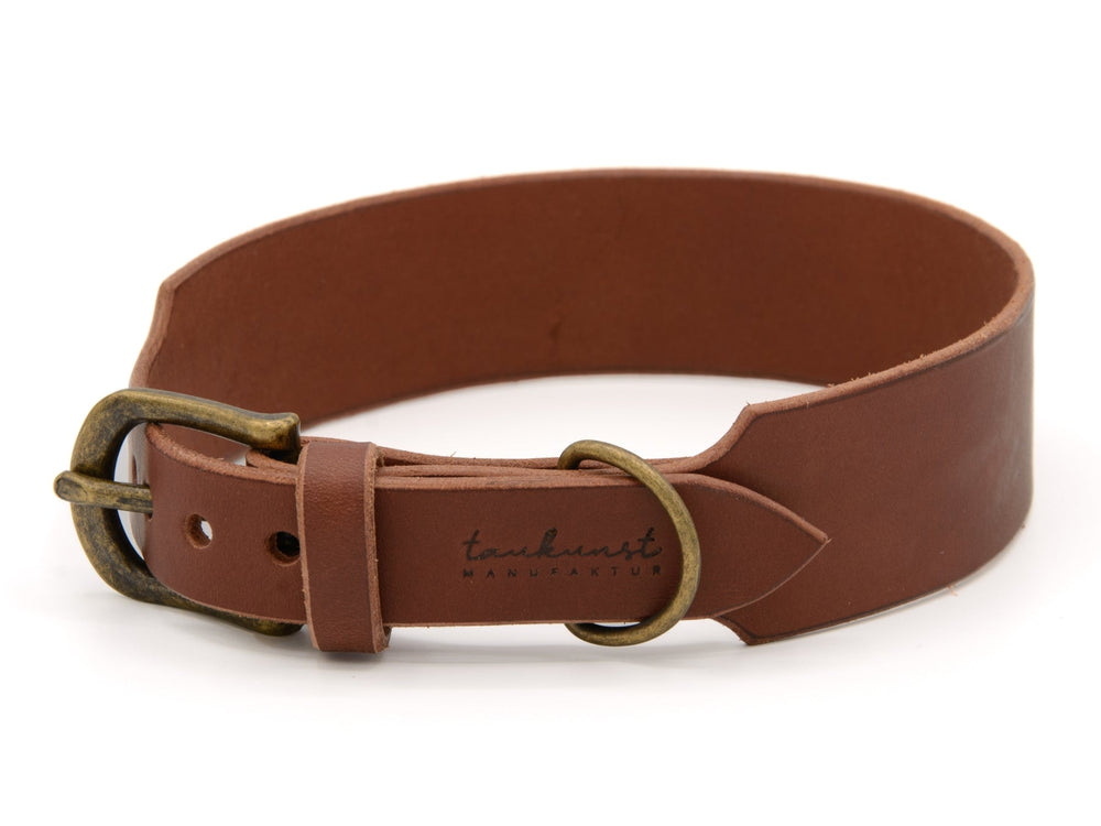Braunes Lederhalsband WALDSTREUNER mit goldfarbener Metallschnalle und glattem, robustem Leder.