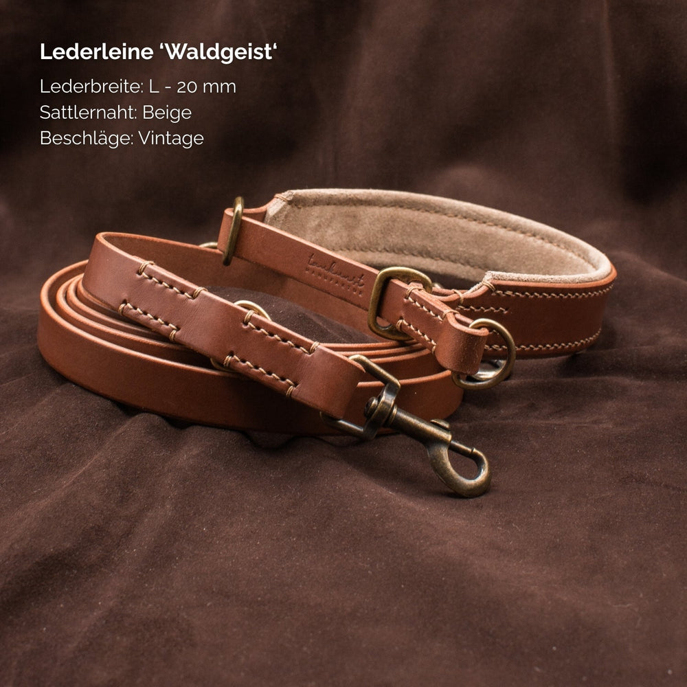 Hochwertige lederne Hundeleine "Waldgeist" in warmem Beigeton, 20 mm breit, mit stilvollen Vintage-Beschlägen.