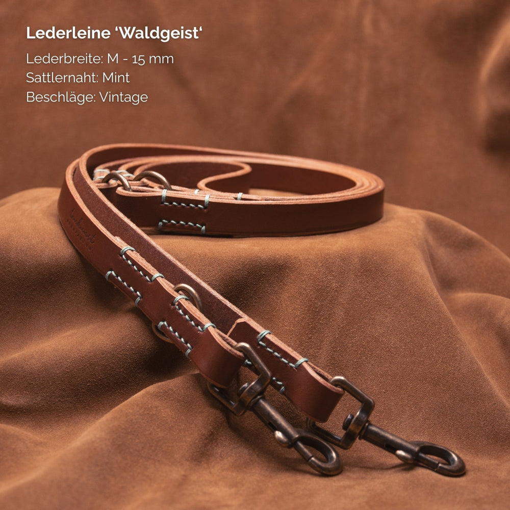 Braune Lederleine „Waldgeist“ mit mintfarbener Sattelnähte und Vintage-Beschlägen, 15 mm breit, auf braunem Hintergrund.