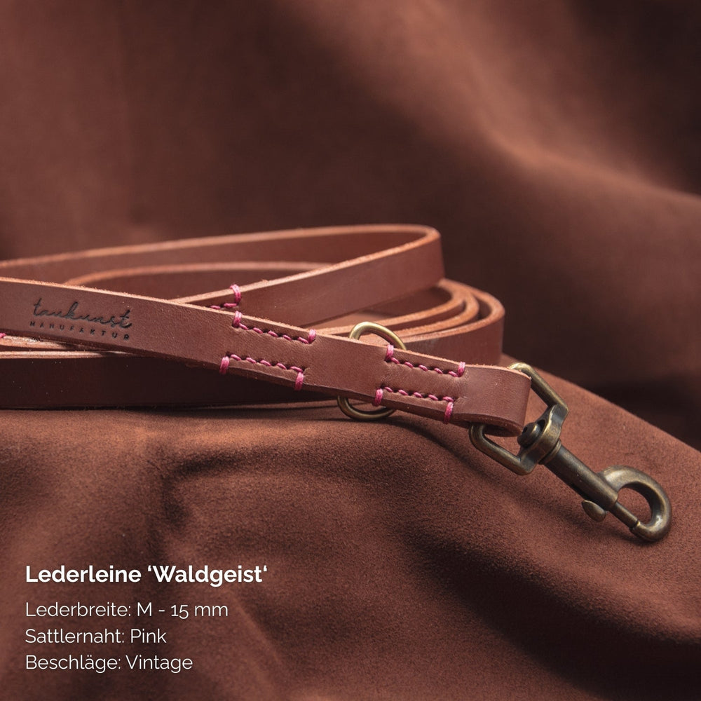 Braune Lederleine "Waldgeist" mit 15 mm Breite und pinken Nähten, ausgestattet mit Vintage-Beschlag. Ideal für stilbewusste Hundehalter.