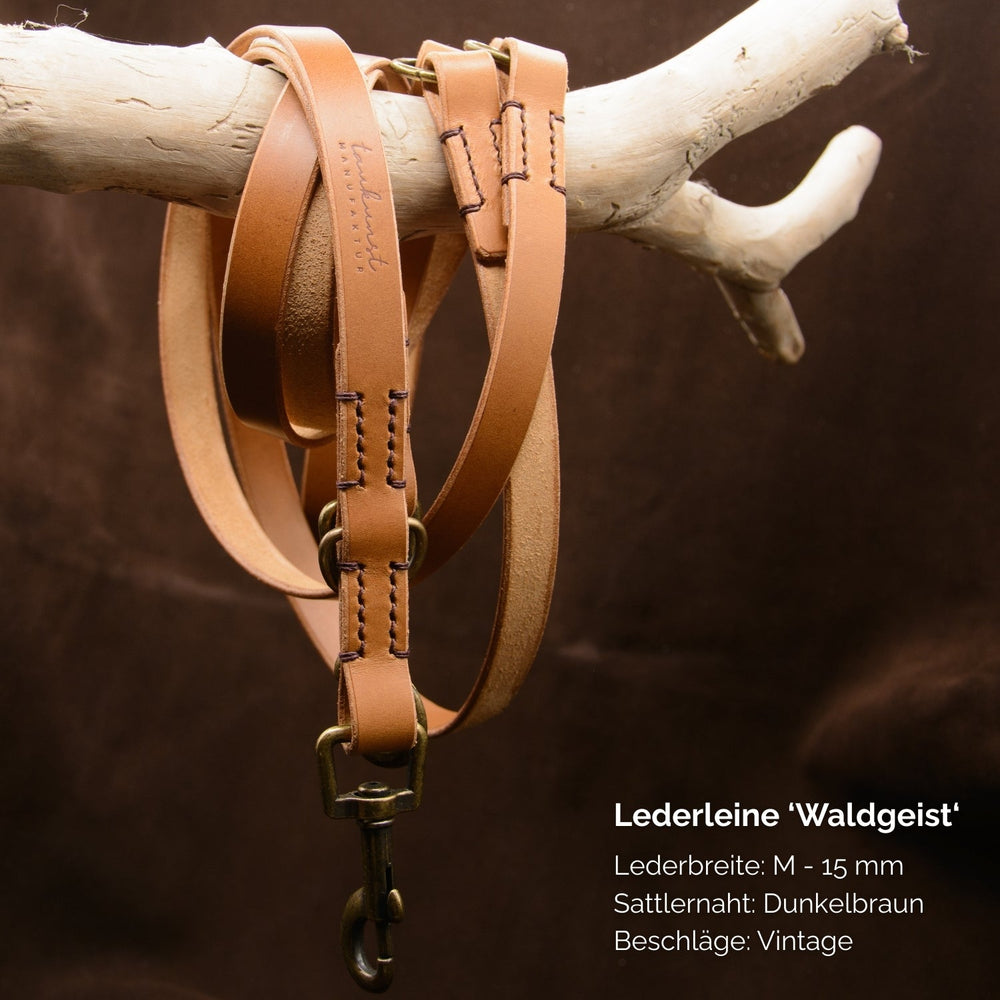 Dunkelbraune Lederleine „Waldgeist“ mit 15 mm Breite und verstellbarem Vintage-Beschlag für Hunde.