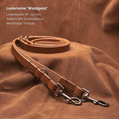 Lederleine „Waldgeist“ in naturfarben mit 15 mm Breite und vintage Beschlägen in dunkler Farbe. Ideal für Spaziergänge.