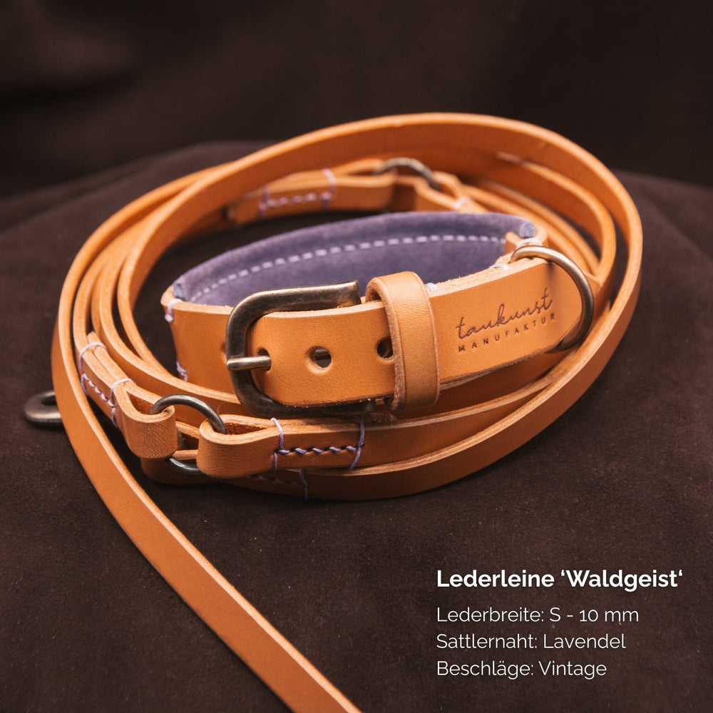 Lederleine Waldgeist in Naturfarbe mit 10 mm schmalem Band, Lavendelnaht und Vintage-Beschlag für stilvolle Hundebesitzer.