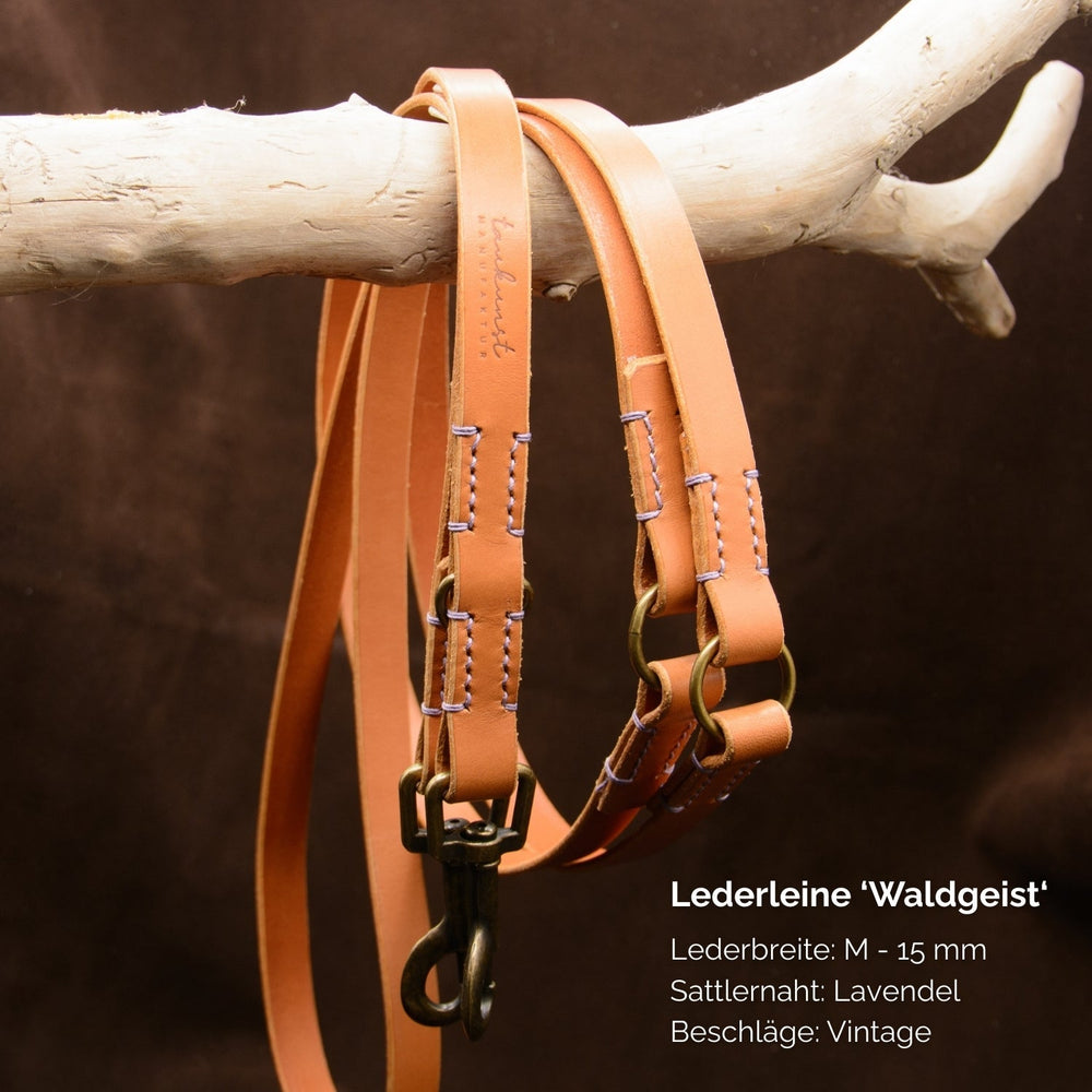 Hochwertige Lederleine Waldgeist mit 15 mm Breite und lila Sattlernähten im Vintage-Stil. Perfekt für stilvolle Hundebesitzer.