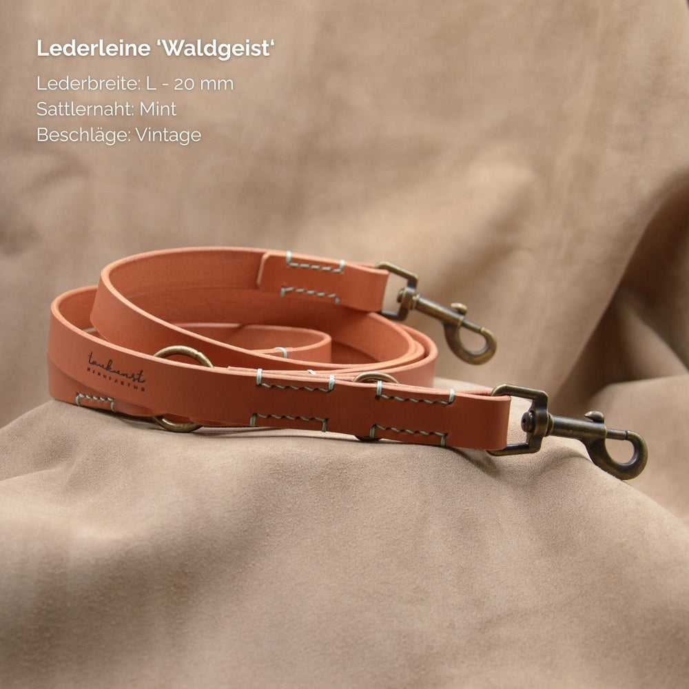 Lederleine "Waldgeist" in Mint, 20 mm breit, mit Vintage-Beschlägen aus hochwertigem Leder. Perfekt für stilvolle Spaziergänge.
