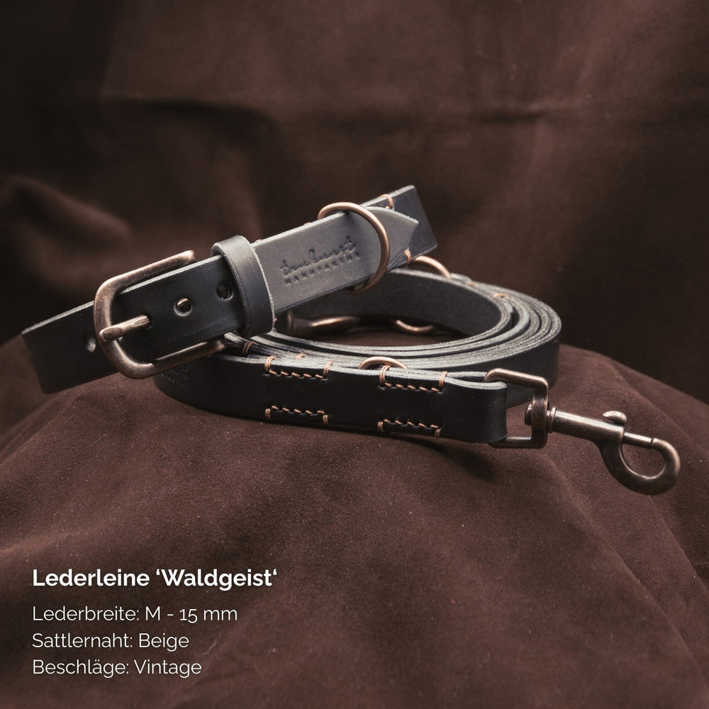 Schwarze Lederleine mit beiger Sattlernaht und Vintage-Beschlägen auf einem samtigen Untergrund.