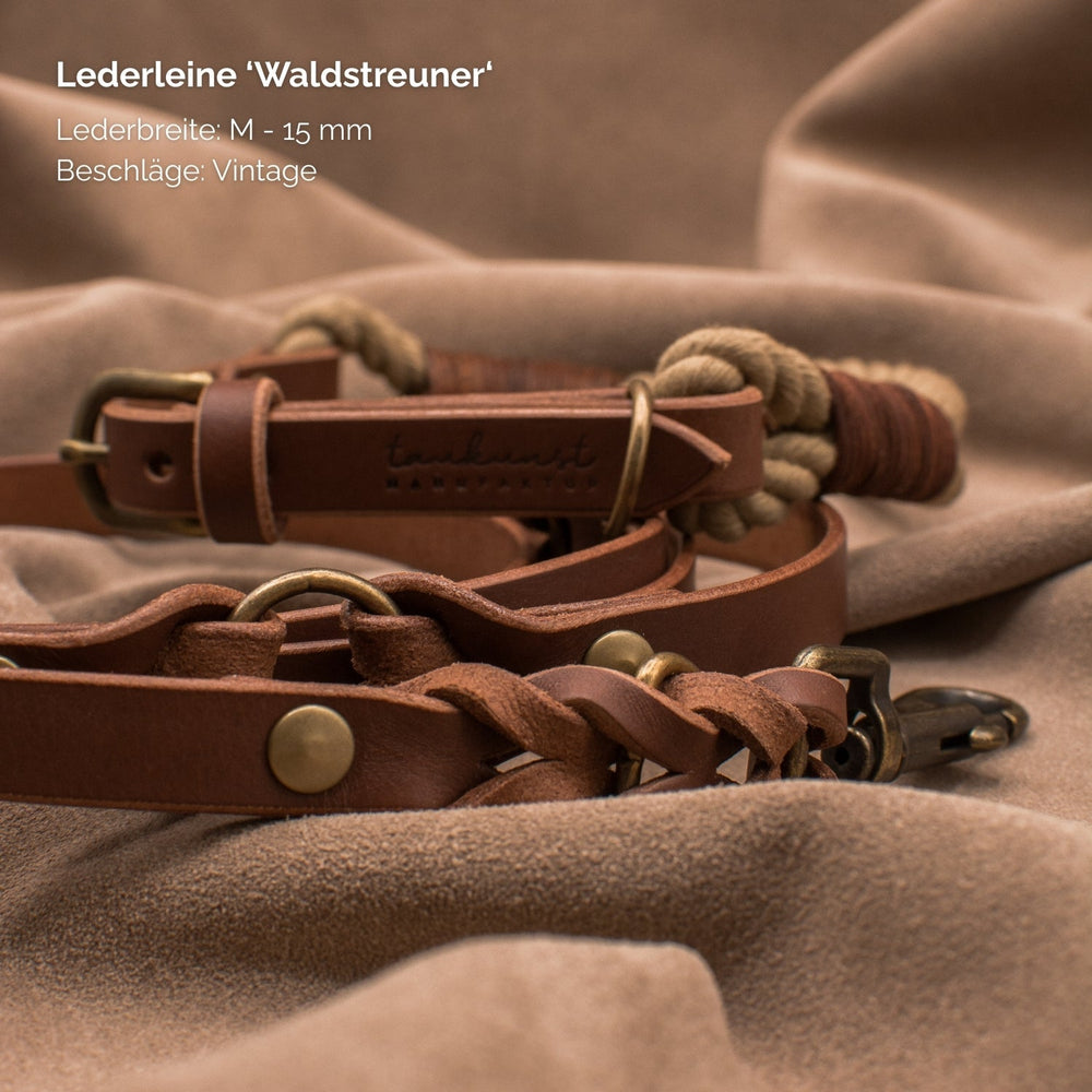 Braune Lederleine "Waldstreuner" 15 mm breit, vintage Design, ideal für Spaziergänge im Freien.