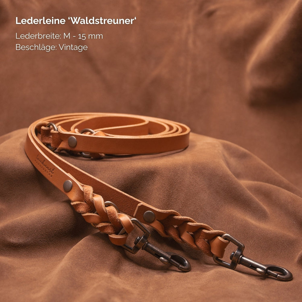 Braune Lederleine „Waldstreuner“ in Größe M, 15 mm breit, mit vintage Aussehen für stilvolle Hundebesitzer.