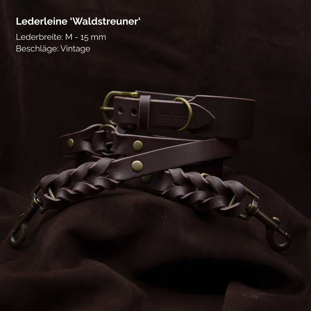 Braune Lederleine „Waldstreuner“ im Vintage-Stil, 15 mm breit, mit robusten metallischen Beschlägen. Ideal für Hundespaziergänge.