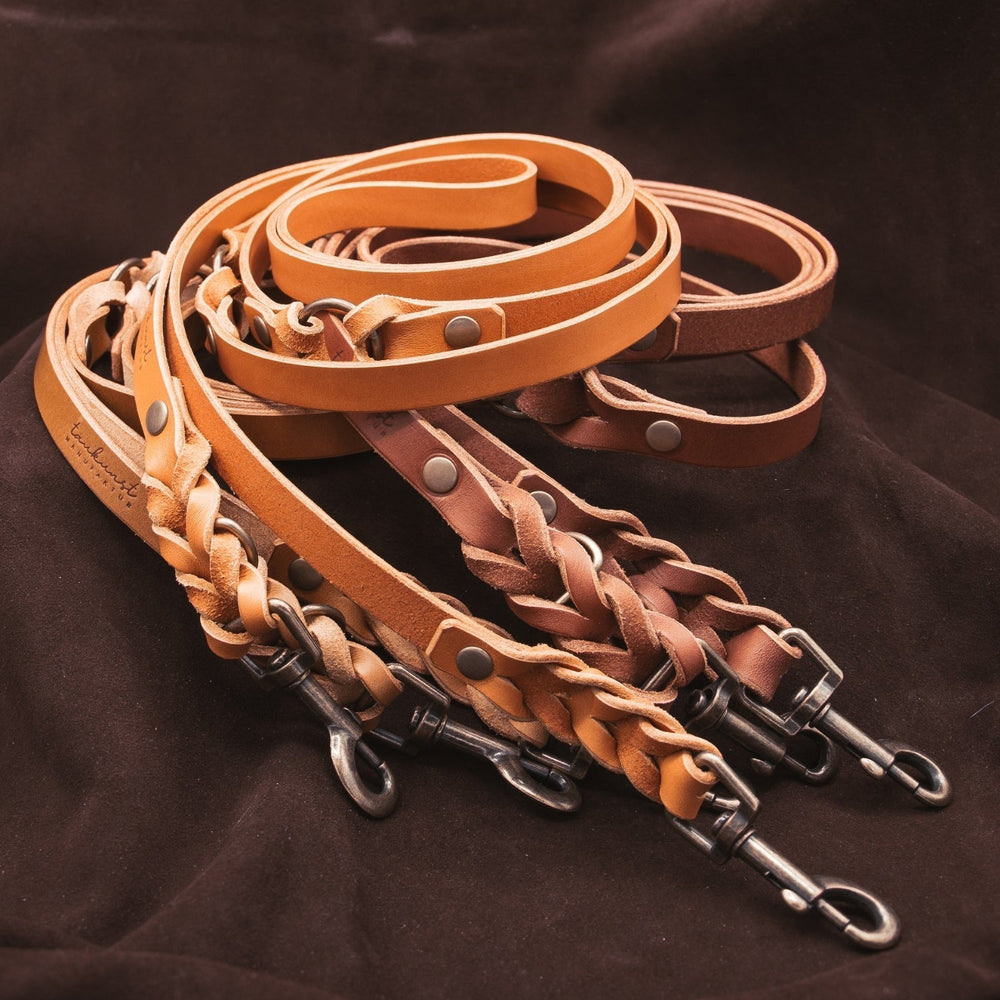 "Vielfalt an handgefertigten Leder-Hundeleinen in warmen Brauntönen mit Metallkarabiner, perfekt für Abenteuer im Freien."