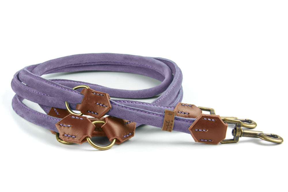 Lila Wildlederleine mit braunen Lederapplikationen und goldfarbenen Karabinern für Hunde, leicht und flexibel.