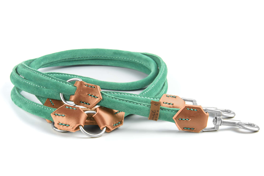 Grüne Wildlederleine mit zwei Strängen und stabilen metallenen Karabiner-Verschlüssen für Hunde.