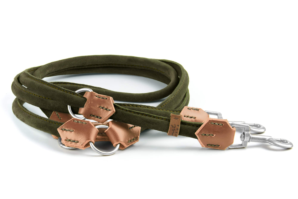 Grüne geflochtene Hundeleine mit Lederverstärkungen und zwei Metallkarabinern. Ideal für aktive Hunde.
