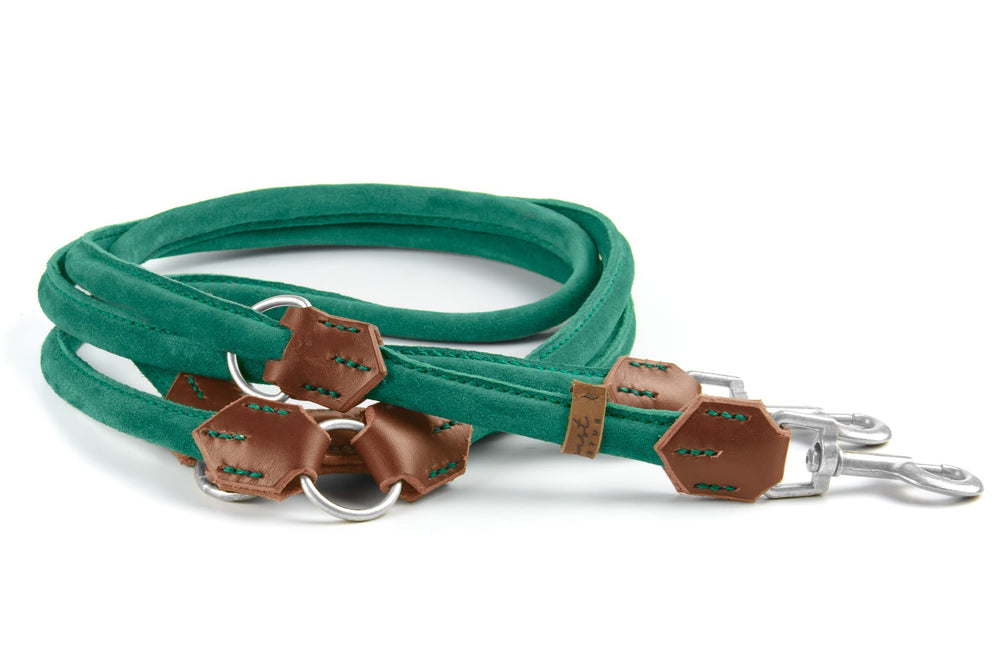 "Grüne Wildlederleine mit Silberkarabiner und braunen Lederdetails, elegant und bequem für Hunde."