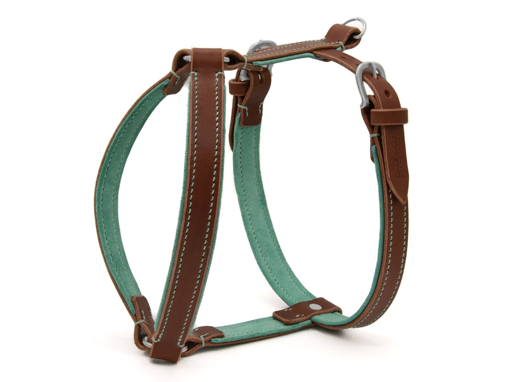 "Hundegeschirr WILDFANG aus braunem Leder und mintgrünem Stoff mit robusten Schnallen und hochwertigen Metallteilen."