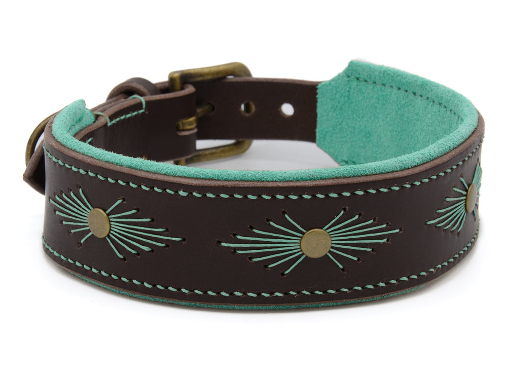 Braunes Lederhalsband mit grüner Innenauskleidung und hellgrünen Sonnenstrahlen-Verzierungen. Ideal für stilbewusste Haustiere.