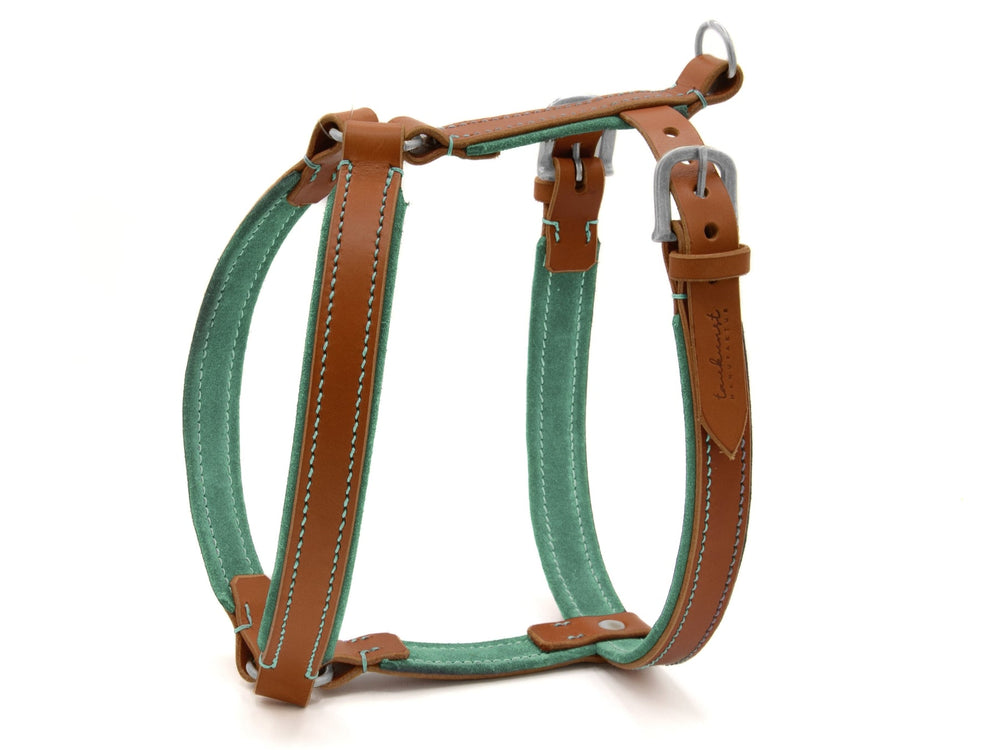 Braunes Ledergeschirr WILDFANG mit mintgrüner Textilummantelung und silbernen D-Ringen für Hunde.