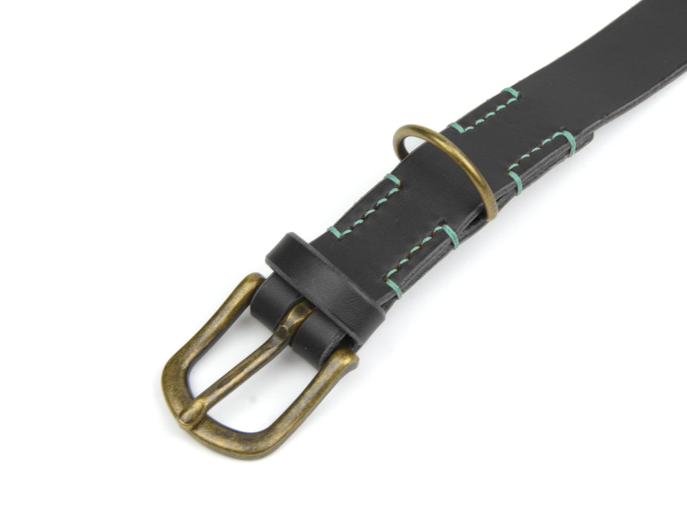 Schwarzes Lederhalsband Waldgeist mit brünierter Schnalle und grünen Nähten, ideal für stilbewusste Hunde.
