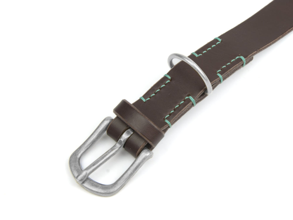 Brauner Lederhalsband "Waldgeist" mit grünen Nähten und klassischer Metallschnalle, auf weißem Hintergrund.
