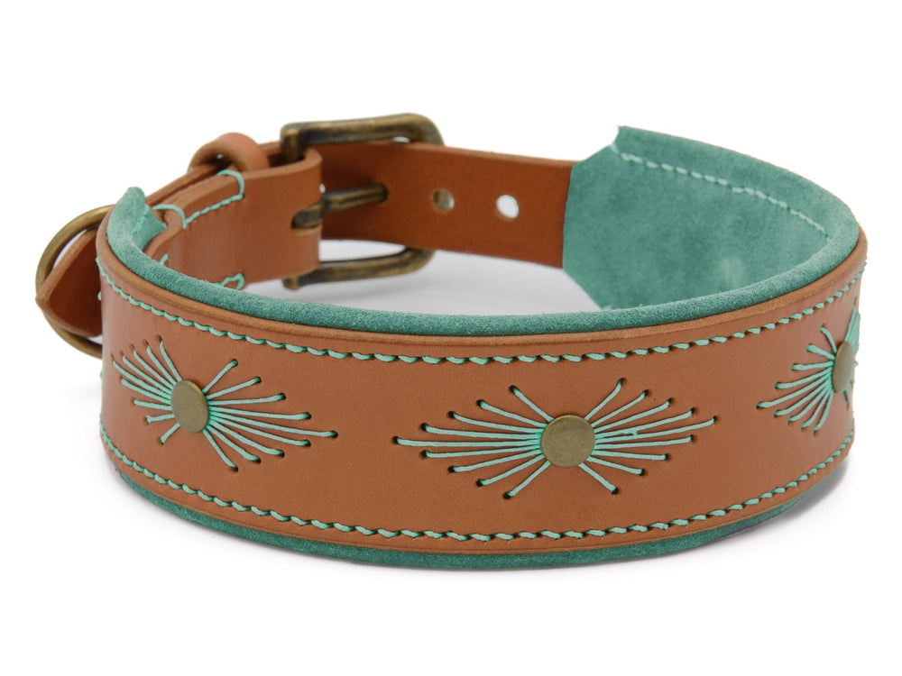 Braunes Lederhalsband mit grünen Akzenten und Strahlen-Stickerei für Hunde, robuste Schnalle und verstellbare Größe.