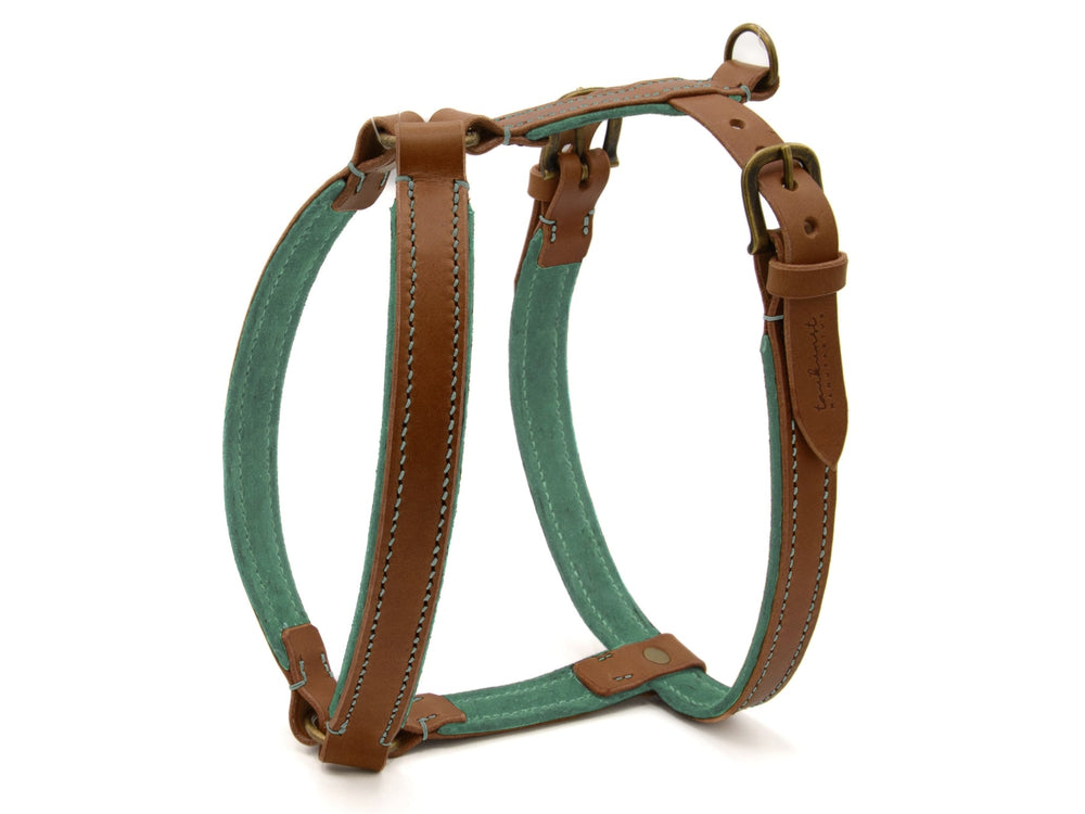 Hundegeschirr WILDFANG aus braunem Leder und türkisfarbenem Material, verstellbar mit D-Ringen und robuster Konstruktion.