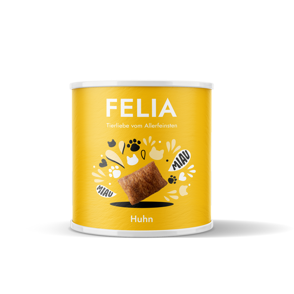 Gelbe Dose FELIA Snacks Huhn mit Tierliebe, abgebildetem Hühnerstück und bunten Grafiken für Haustiere.