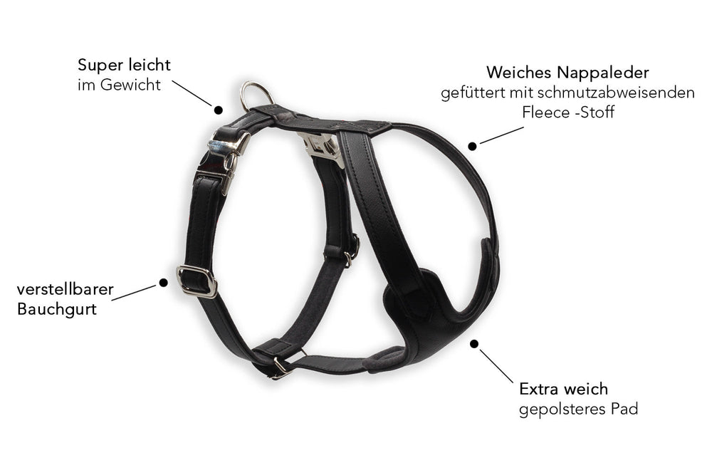 Schwarzes Ledergeschirr für Hunde mit verstellbarem Bauchgurt und komfortabler Polsterung aus Nappaleder.