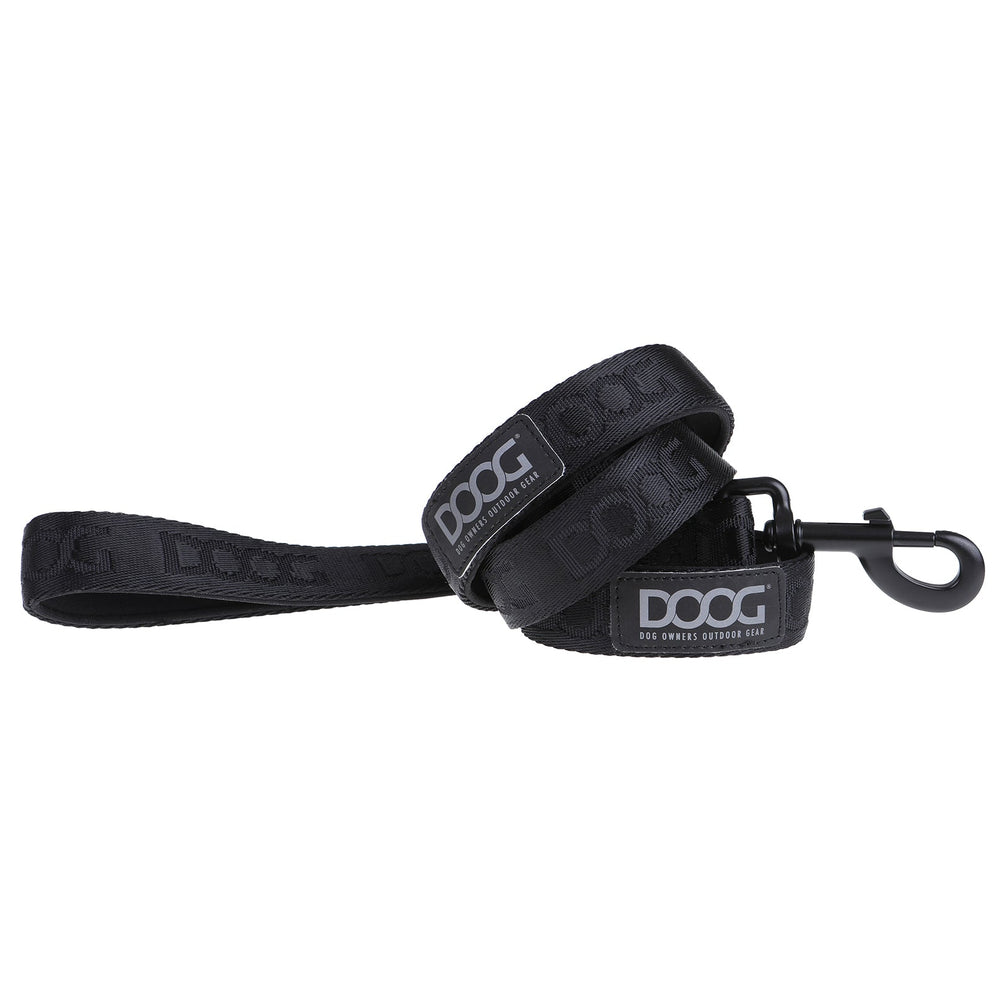 Schwarze DOOG Hundeleine aus Neopren mit feststellbarem Karabinerhaken und glatter, weicher Oberfläche.