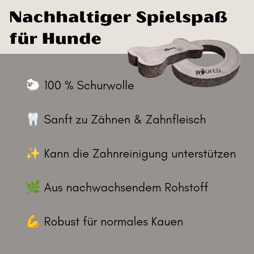 Nachhaltiges Hundespielzeug aus 100% Schurwolle in Knochenform, fördert die Zahngesundheit und ist zahnfreundlich.